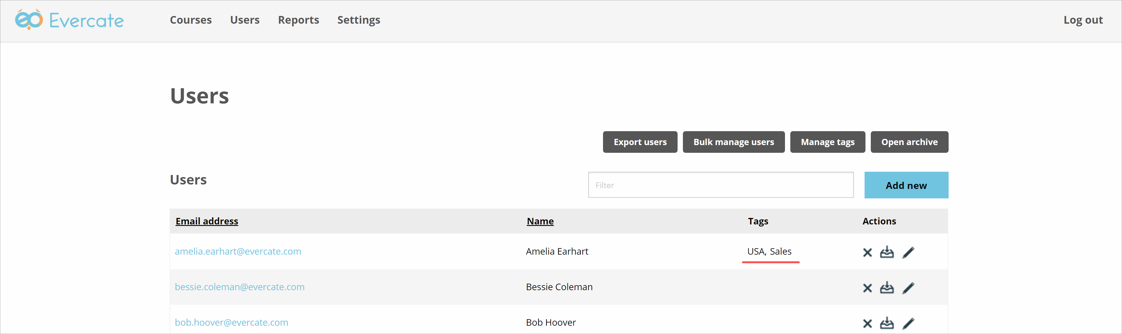 The user list with tags visible