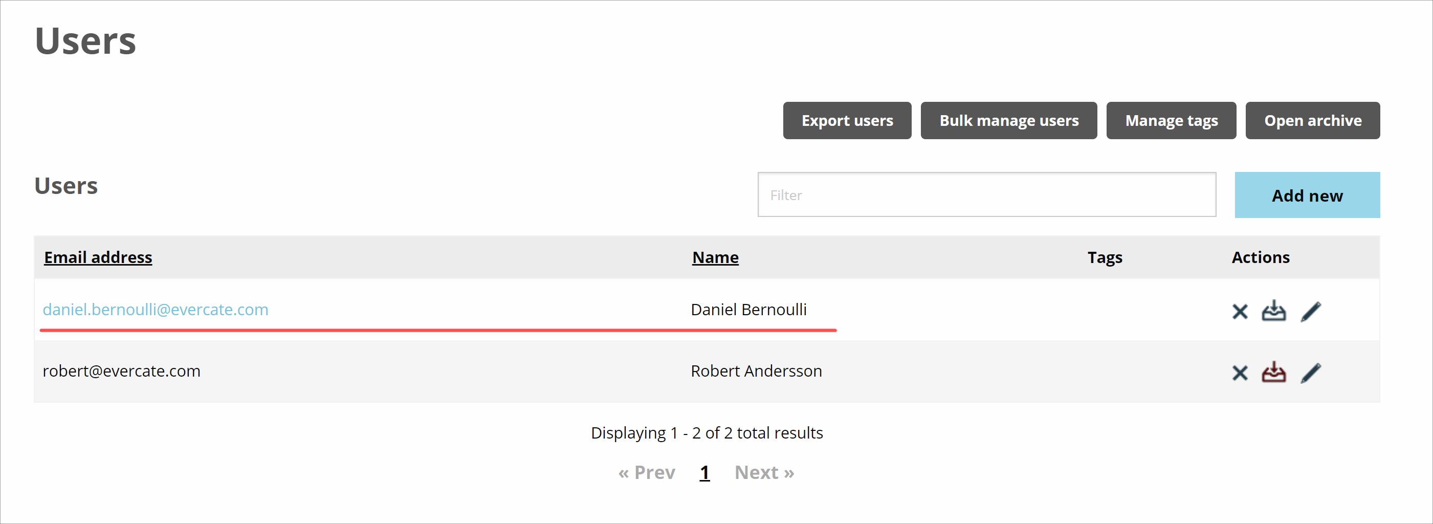 The user list with the newly created user
